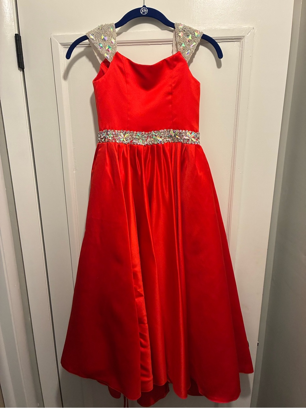 Red Satin Girls' Formal Gown with Embellished Belt and Cap Sleeves - Picture 3 of 7